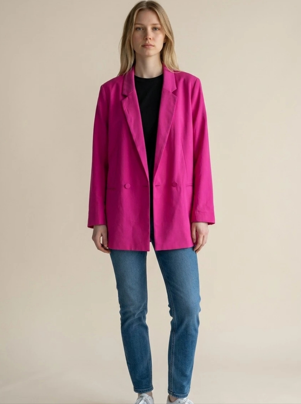 H&M Woman Hot Pink Oversized Double Breasted Blazer Jacket Size Large